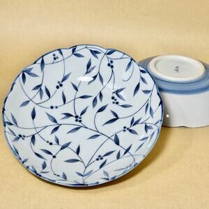 Vintage Japanese Blue and White Porcelain Floral Vine Bowls, Marked (Set of 2)